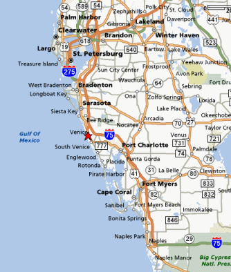 Venice, Florida is located halfway between Tampa, Florida and Fort Meyers, Florida.